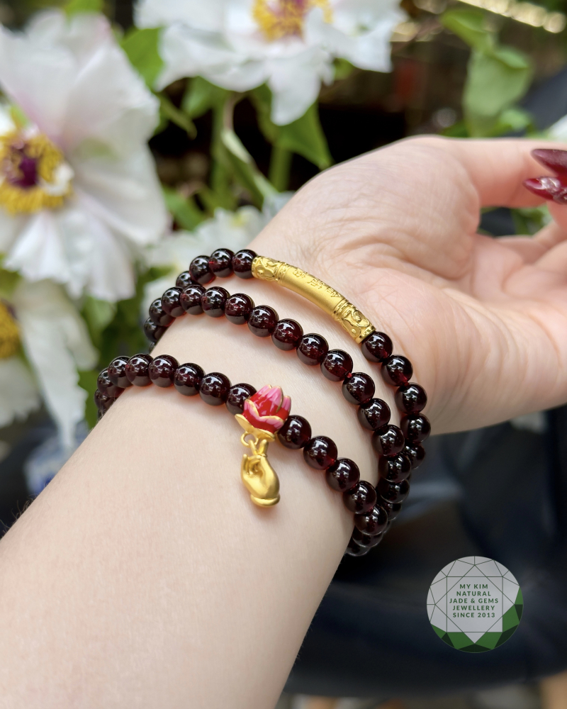 Chuỗi Vòng Granat vip - Charm Vàng 24k Tay Phật
