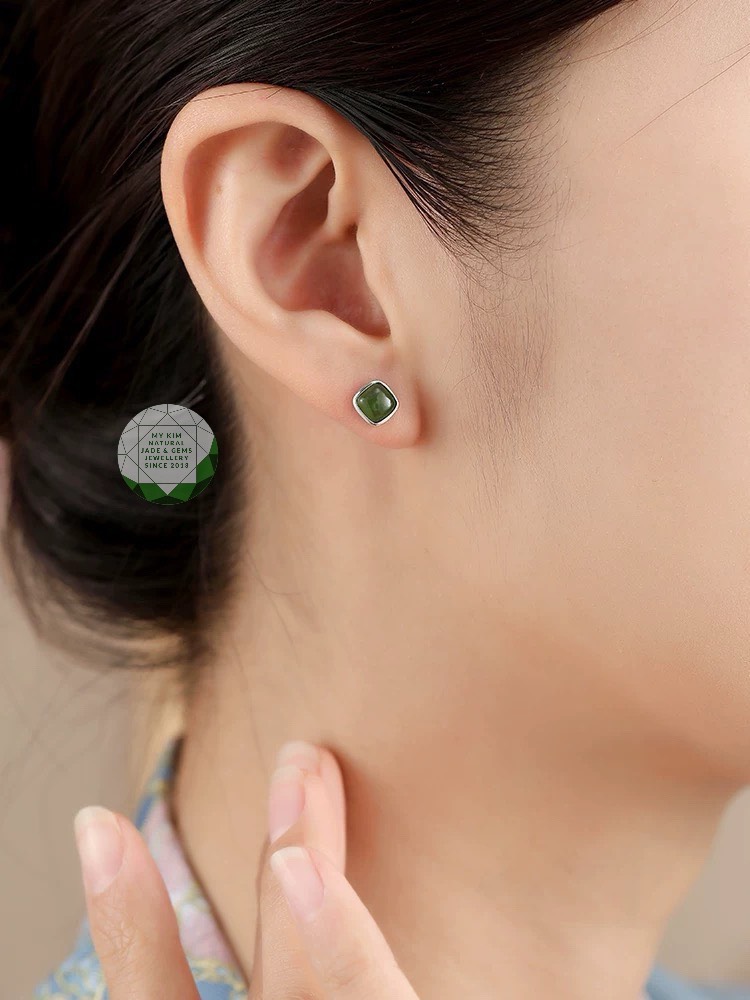 Bông Tai Nụ Vuông Ngọc Bích Nephrite - Bạc si vàng trắng