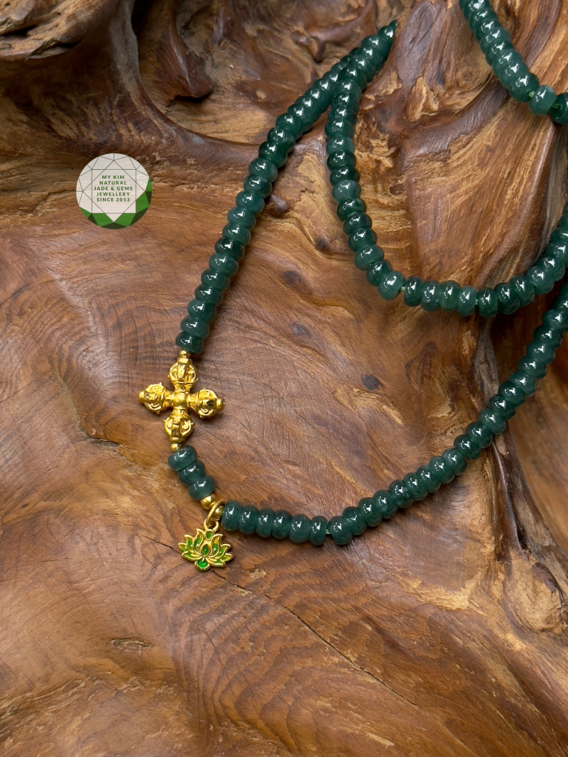 💎 Vòng Lam Ngọc Phỉ Thúy Bánh Xe Hạt Dẹt Jadeite VIP Mix Charm Kim Cang & Hoa Sen Pháp Lam Vàng | Trang Sức Phong Thủy Tinh Tế