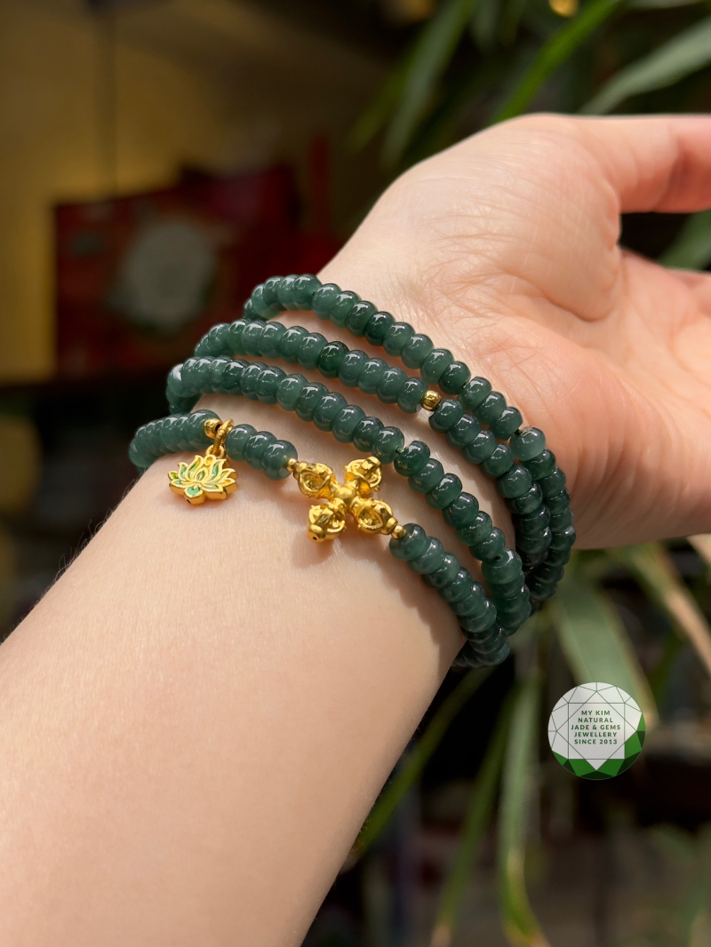 💎 Vòng Lam Ngọc Phỉ Thúy Bánh Xe Hạt Dẹt Jadeite VIP Mix Charm Kim Cang & Hoa Sen Pháp Lam Vàng | Trang Sức Phong Thủy Tinh Tế