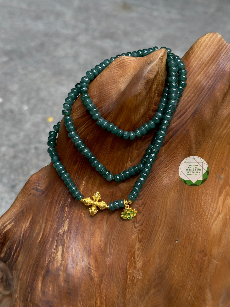 💎 Vòng Lam Ngọc Phỉ Thúy Bánh Xe Hạt Dẹt Jadeite VIP Mix Charm Kim Cang & Hoa Sen Pháp Lam Vàng | Trang Sức Phong Thủy Tinh Tế