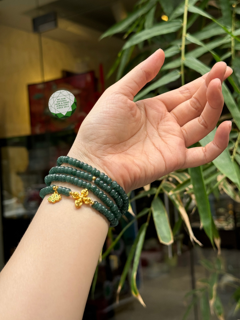 💎 Vòng Lam Ngọc Phỉ Thúy Bánh Xe Hạt Dẹt Jadeite VIP Mix Charm Kim Cang & Hoa Sen Pháp Lam Vàng | Trang Sức Phong Thủy Tinh Tế