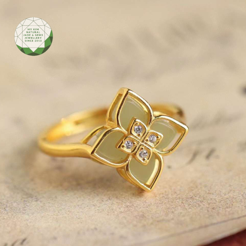 Nhẫn Cỏ Bốn Lá Ngọc Hòa Điền - Bạc si vàng cao cấp