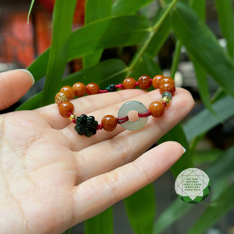 Dây Tết Ngọc Phỉ Thúy Cam Hoàng Huyết - mix PK Vàng - Jadeite VIP