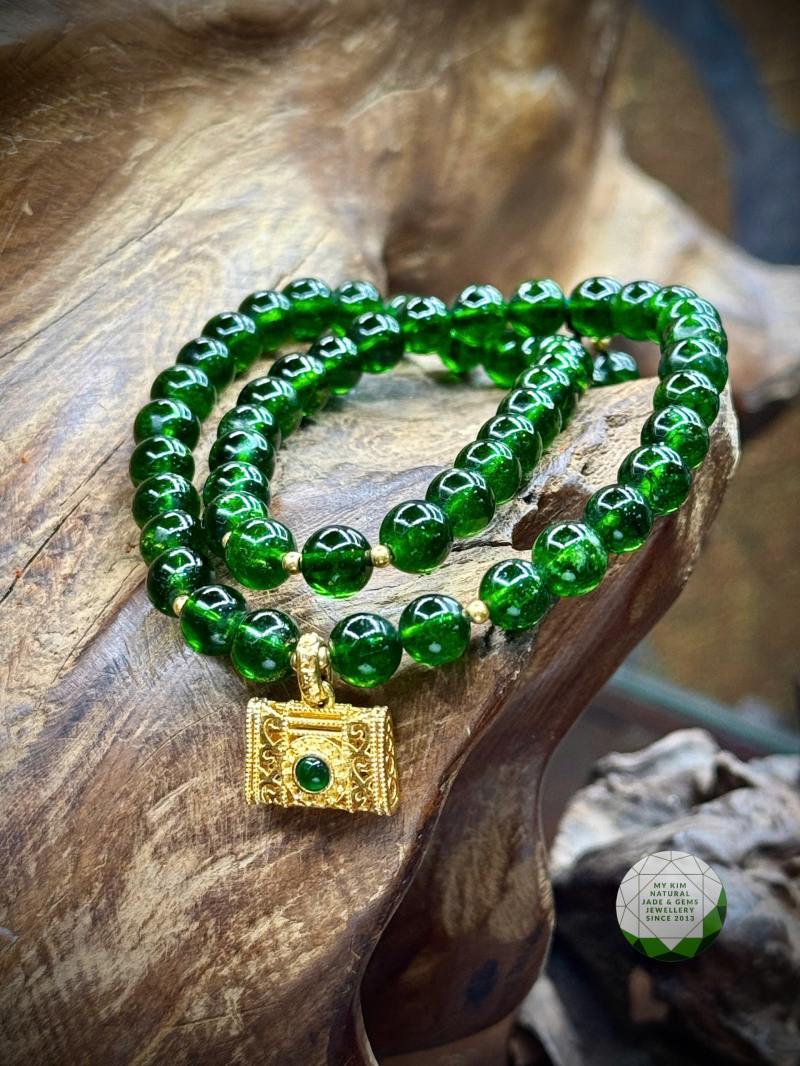 💚 Vòng Tay Diopside Vip – 2 Vòng Quấn Mix Charm Túi Vàng 18K