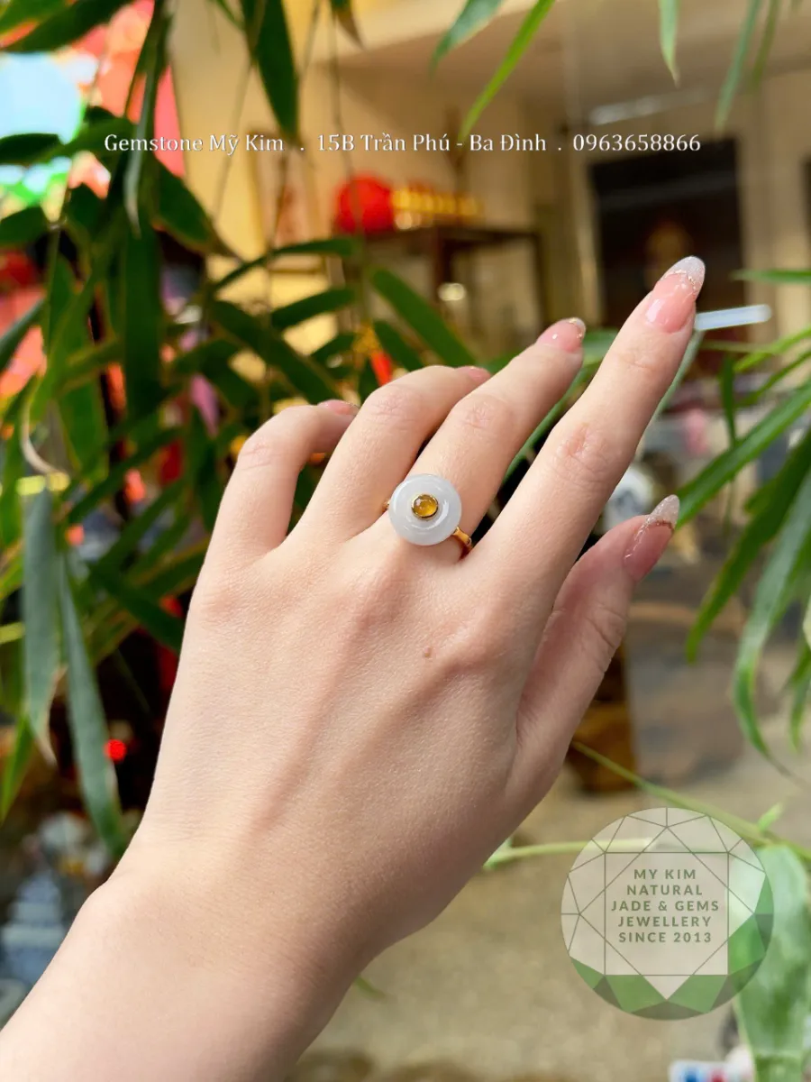 Nhẫn Đồng Điếu Phỉ Thúy băng ngọc Vàng 14k