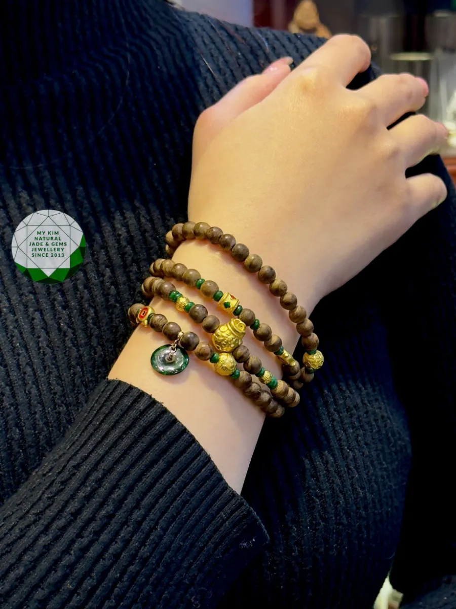 Chuỗi Vòng Trầm Hương mix Ngọc Jadeite - Vàng 2.4k