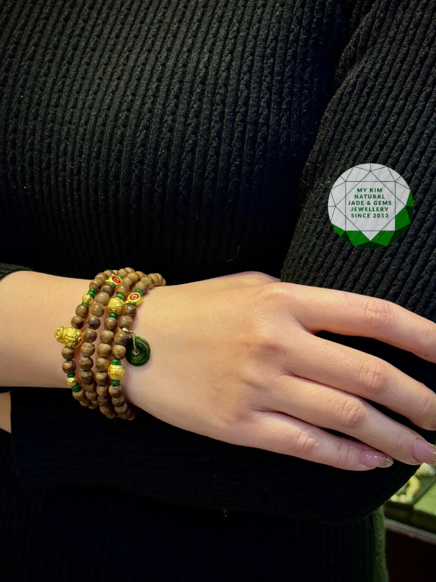Chuỗi Vòng Trầm Hương mix Ngọc Jadeite - Vàng 2.4k