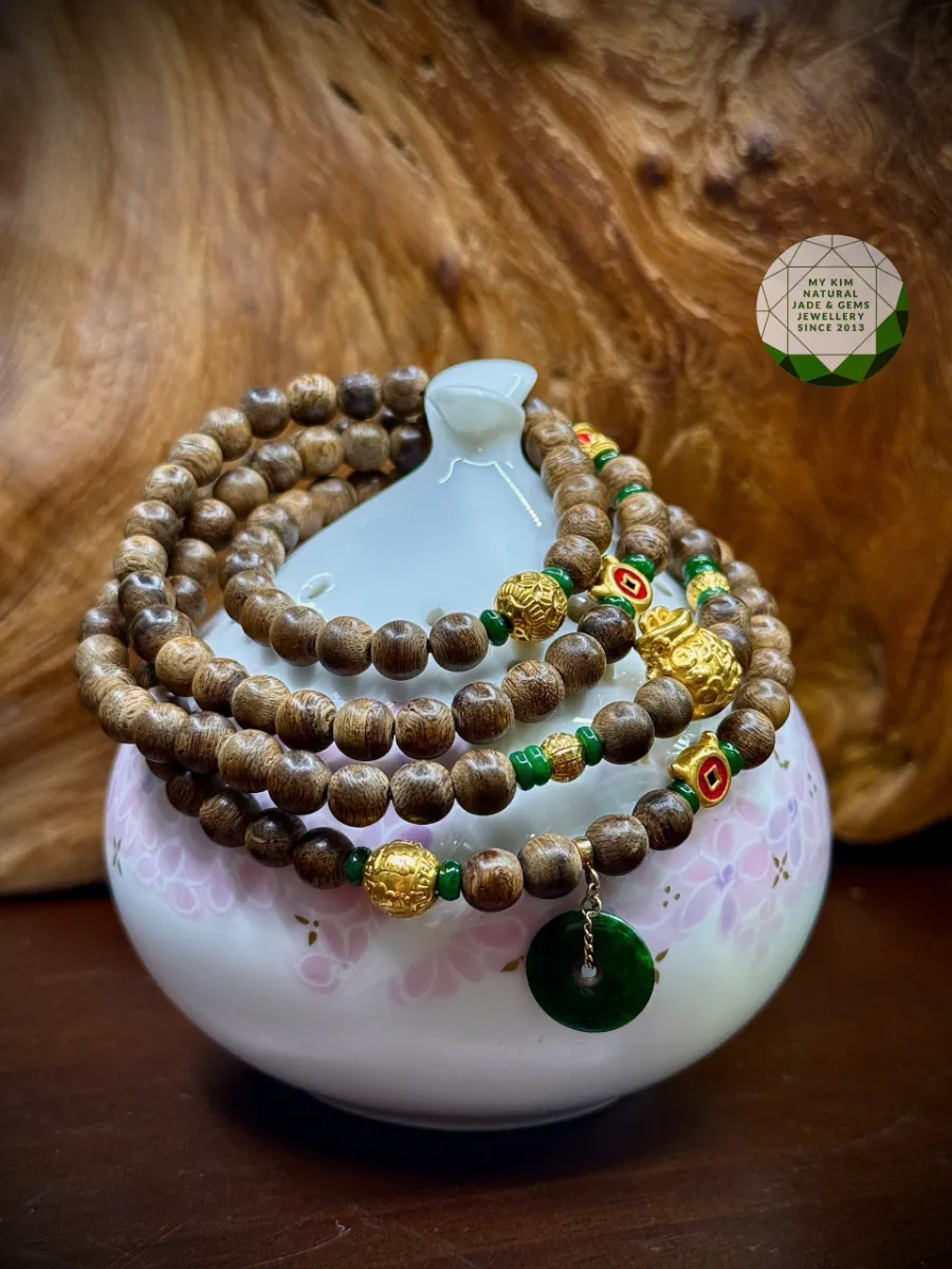 Chuỗi Vòng Trầm Hương mix Ngọc Jadeite - Vàng 2.4k