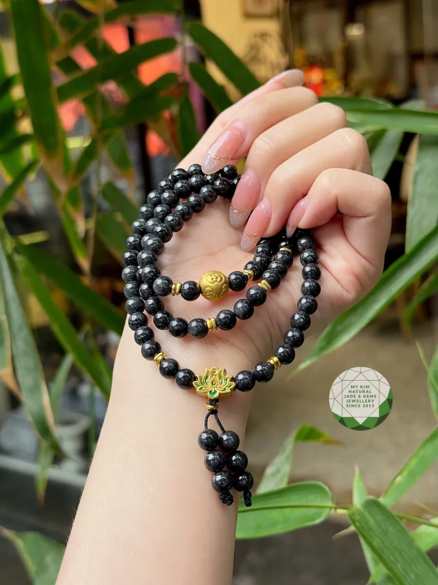 Chuỗi Vòng Ngọc Phỉ Thúy Gà Đen mix charm Vàng 2.4k
