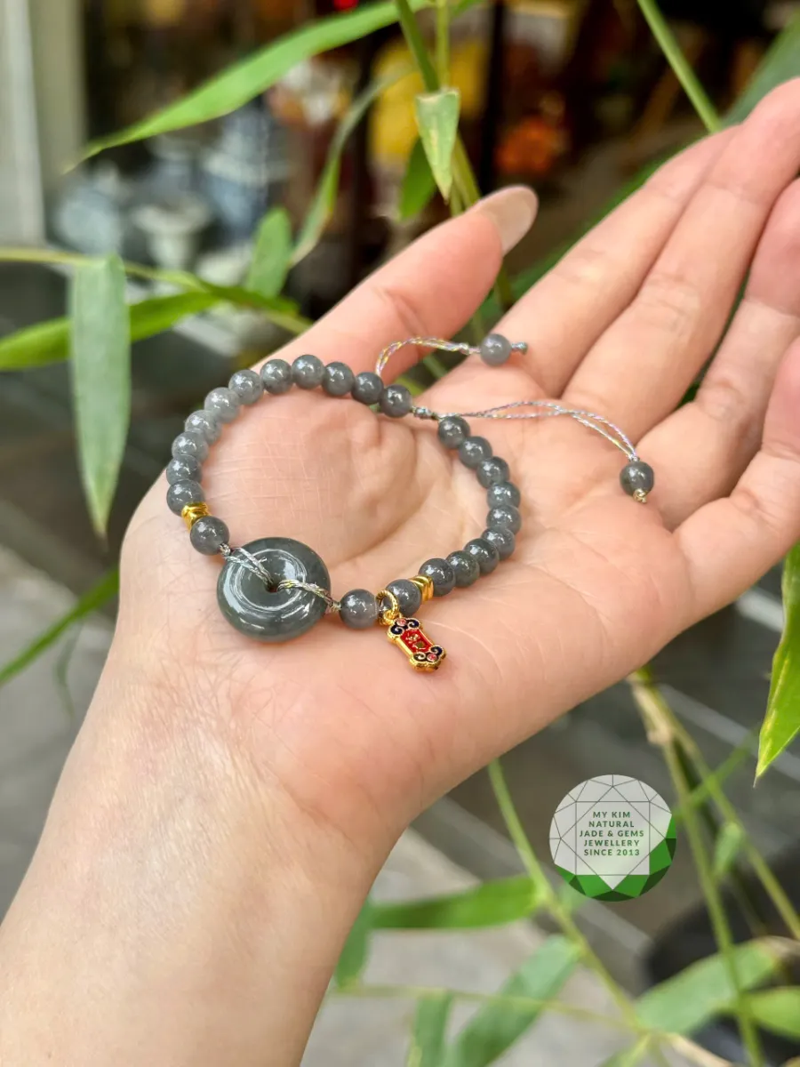 💚 Dây Tết Vòng Đồng Điếu Ngọc Phỉ Thúy Gà Đen – Jadeite VIP – Charm Vàng | Vạn Sự Hanh Thông