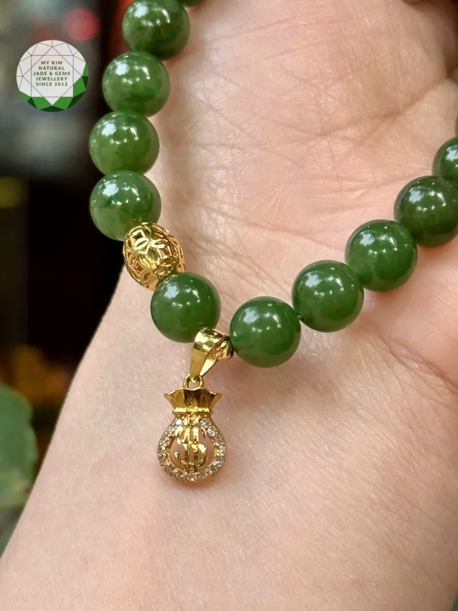Vòng Tay Ngọc Bích Nephrite VIP • ✨ Mix Lu Thống & Túi Kim Ngân Vàng 10k • Trang Sức Phong Thủy Chiêu Tài & Bình An