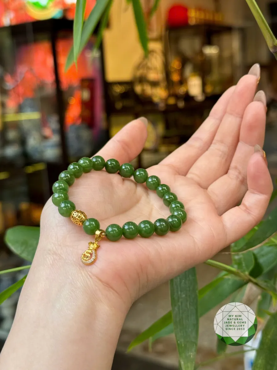 VÒNG NGỌC BÍCH NEPHRITE VIP - MIX LU THỐNG & TÚI KIM NGÂN VÀNG 10K