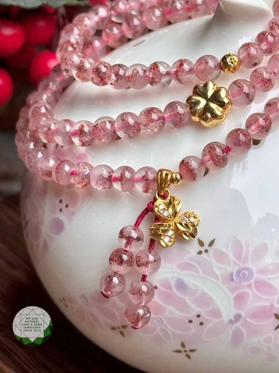 Chuỗi Vòng Đá Super Seven Hồng - Charm Vàng 10k Cỏ Bốn Lá