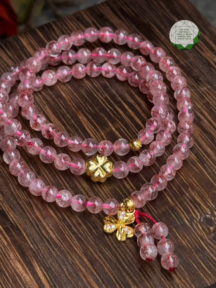 Chuỗi Vòng Đá Super Seven Hồng - Charm Vàng 10k Cỏ Bốn Lá