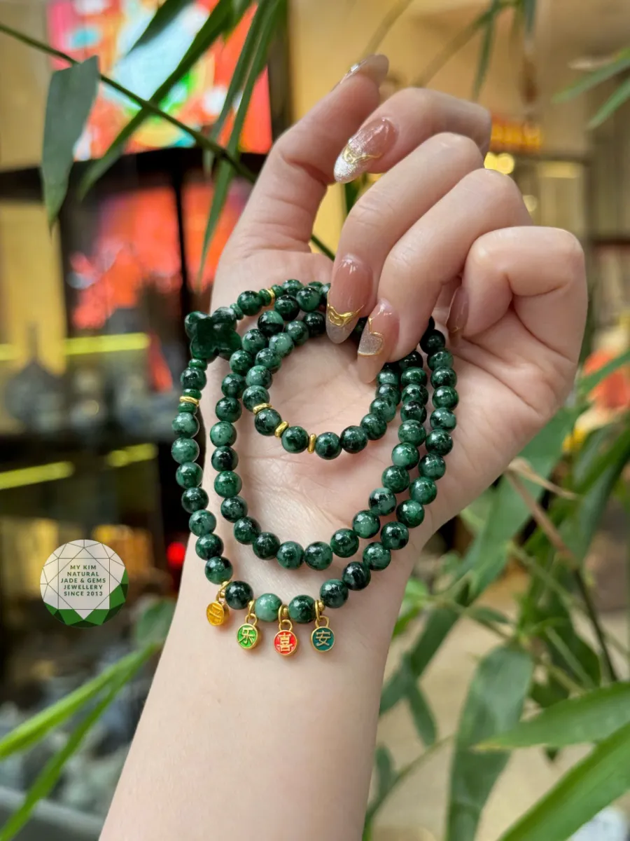 💚 Vòng Ngọc Phỉ Thúy Cỏ Bốn Lá - Jadeite VIP – 3 Vòng Quấn Mix Charm Vàng - May Mắn & Thịnh Vượng