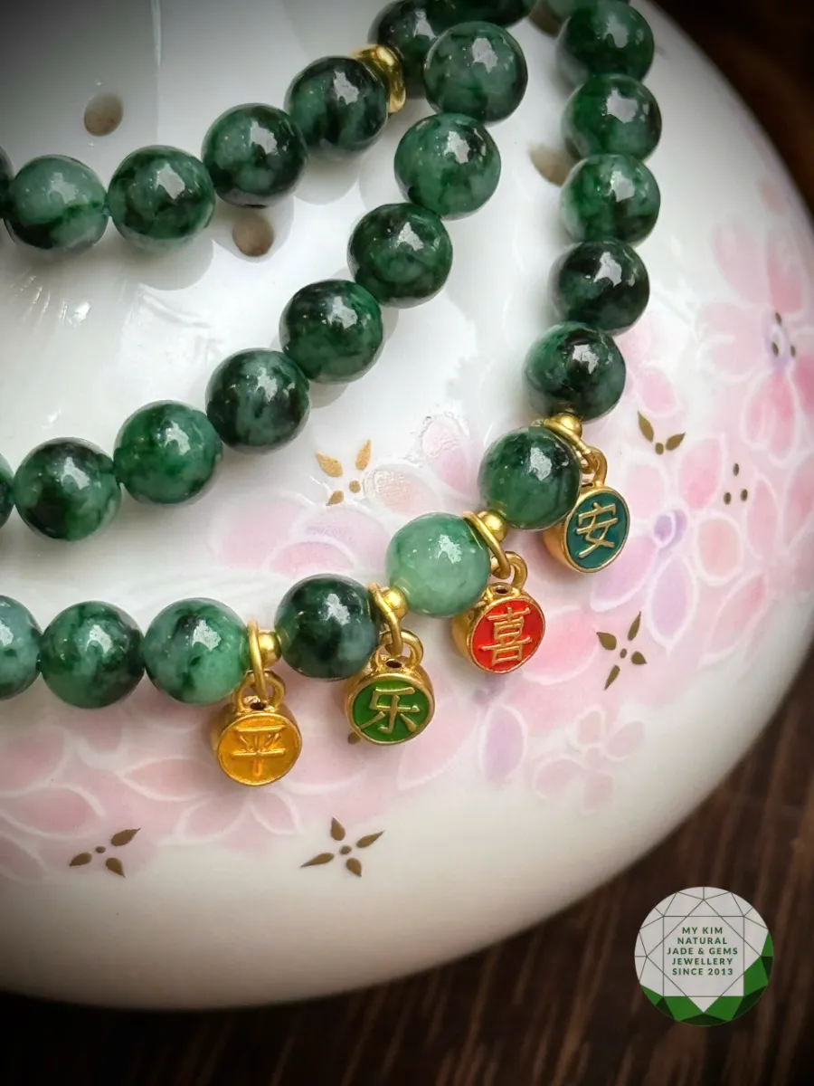 💚 Vòng Ngọc Phỉ Thúy Cỏ Bốn Lá - Jadeite VIP – 3 Vòng Quấn Mix Charm Vàng - May Mắn & Thịnh Vượng