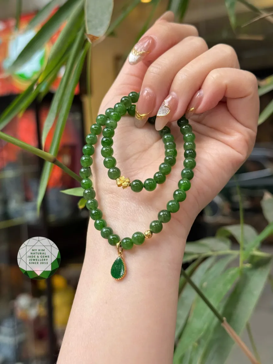 Chuỗi Vòng Ngọc Bích Nephrite Vip mix Charm Ngọc Jadeite 14k - Charm Vàng 10k