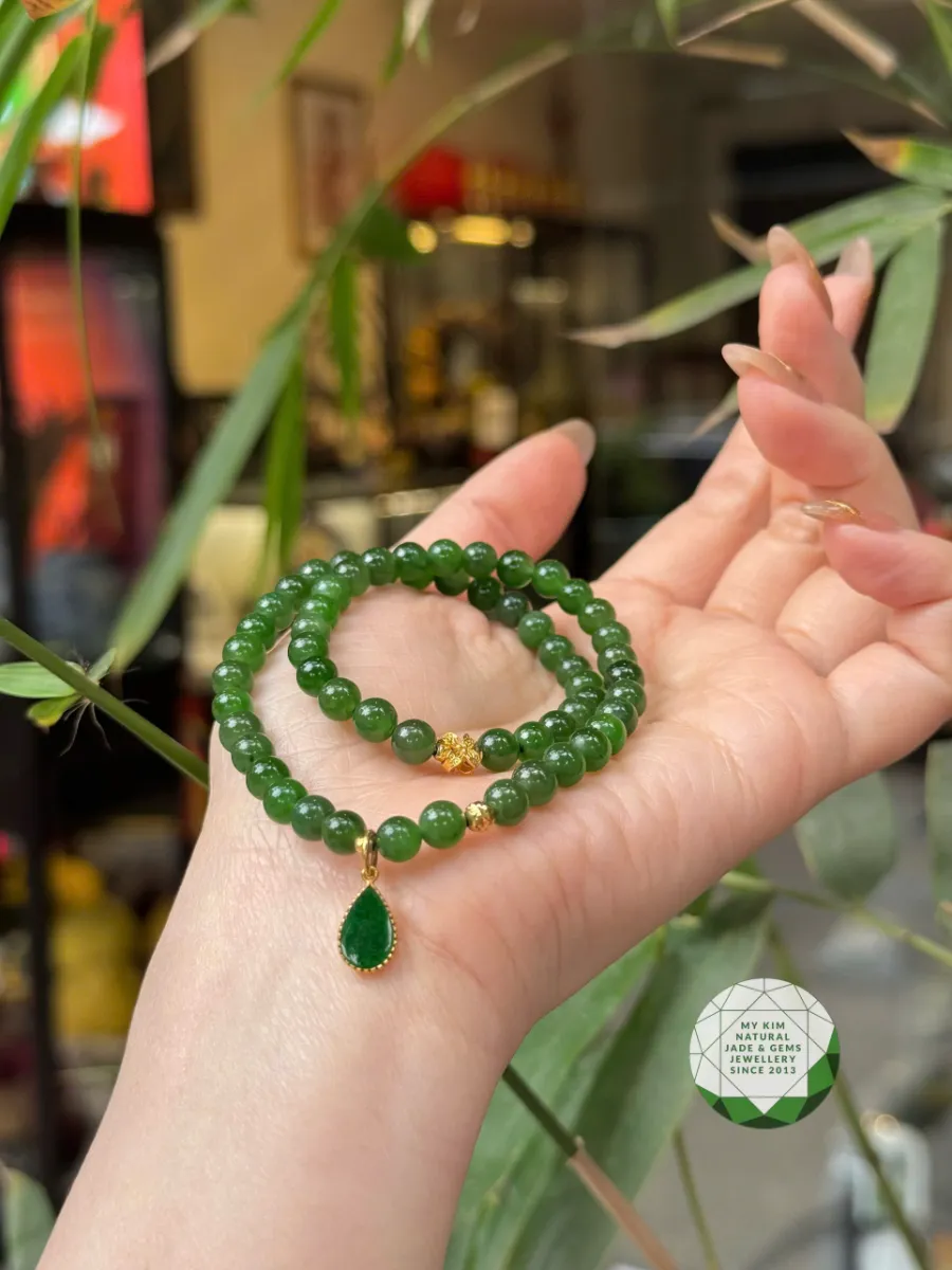 Chuỗi Vòng Ngọc Bích Nephrite Vip mix Charm Ngọc Jadeite 14k - Charm Vàng 10k