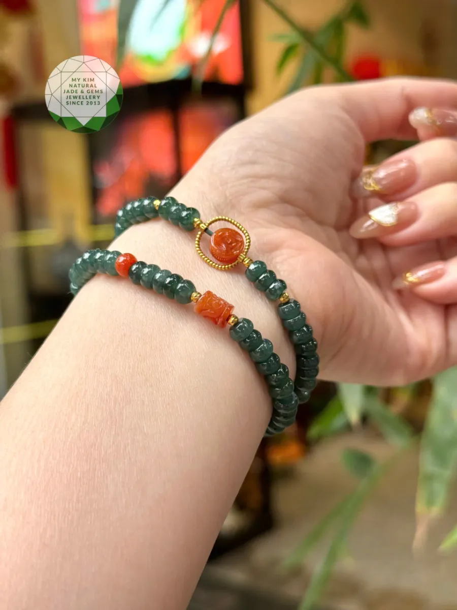 Chuỗi Vòng Lam Ngọc Phỉ Thúy mix Cam Hoàng Huyết - Jadeite vip - Charm Vàng 10k