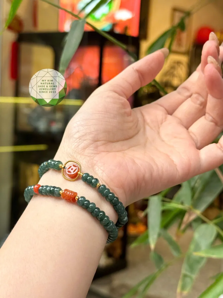 Chuỗi Vòng Lam Ngọc Phỉ Thúy mix Cam Hoàng Huyết - Jadeite vip - Charm Vàng 10k