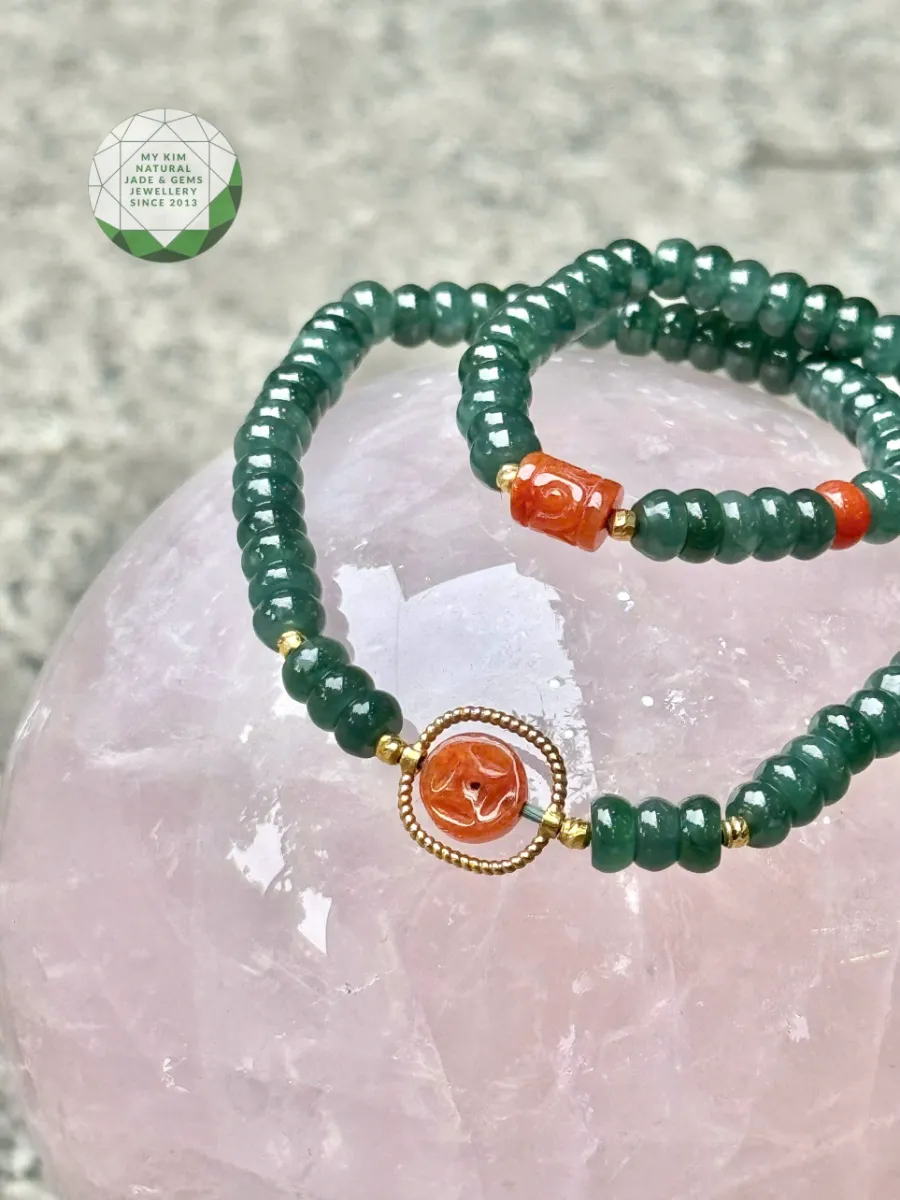 Chuỗi Vòng Lam Ngọc Phỉ Thúy mix Cam Hoàng Huyết - Jadeite vip - Charm Vàng 10k