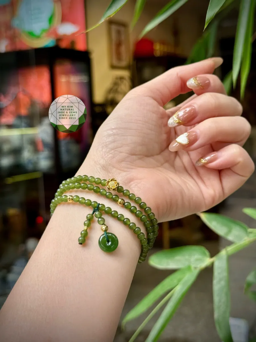 Chuỗi Vòng Ngọc Bích Nephrite mix Đồng Điếu - Charm Vàng 10k