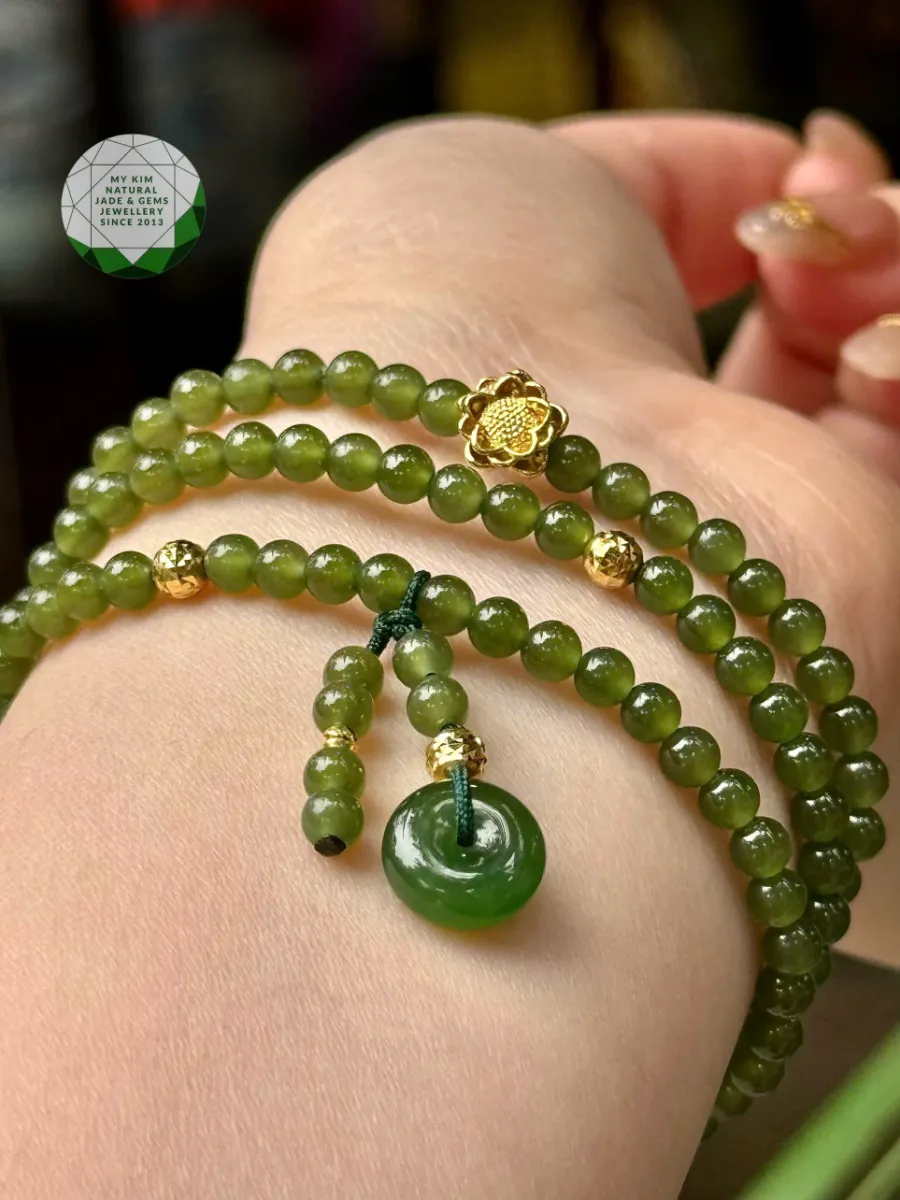 Chuỗi Vòng Ngọc Bích Nephrite mix Đồng Điếu - Charm Vàng 10k