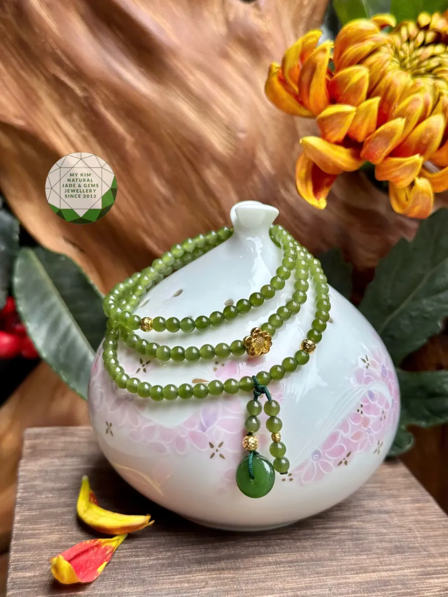 Chuỗi Vòng Ngọc Bích Nephrite mix Đồng Điếu - Charm Vàng 10k