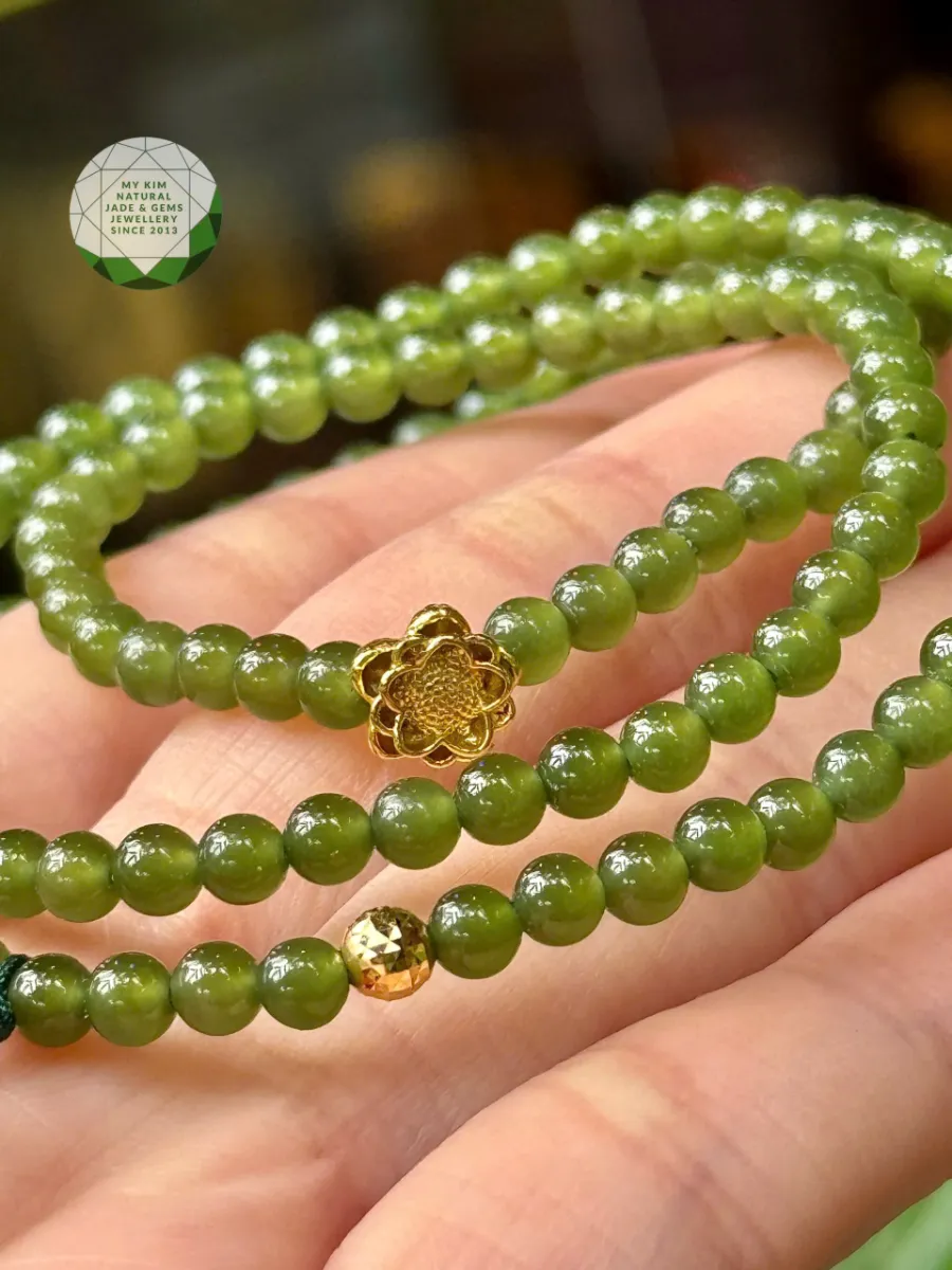 Chuỗi Vòng Ngọc Bích Nephrite mix Đồng Điếu - Charm Vàng 10k