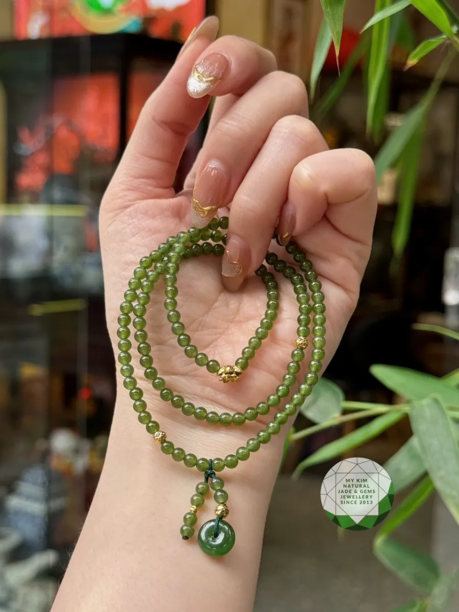 Chuỗi Vòng Ngọc Bích Nephrite mix Đồng Điếu - Charm Vàng 10k