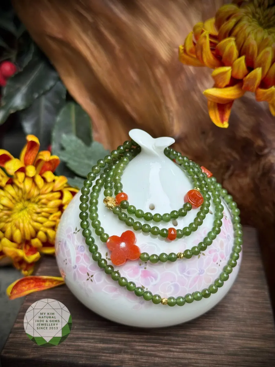 Chuỗi Vòng Ngọc Bích Nephrite mix Jadeite Cam Bốn Lá - Charm Vàng 10k