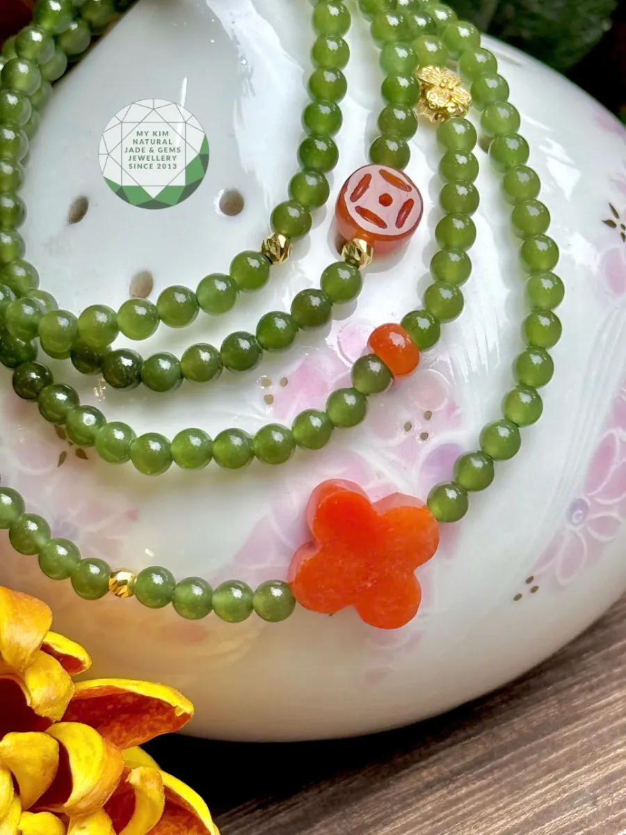 Vòng Tay Ngọc Bích Nephrite Mix Jadeite Cam • 🍀 Charm Bốn Lá Vàng 10k • Trang Sức Phong Thủy Tài Lộc & Bình An