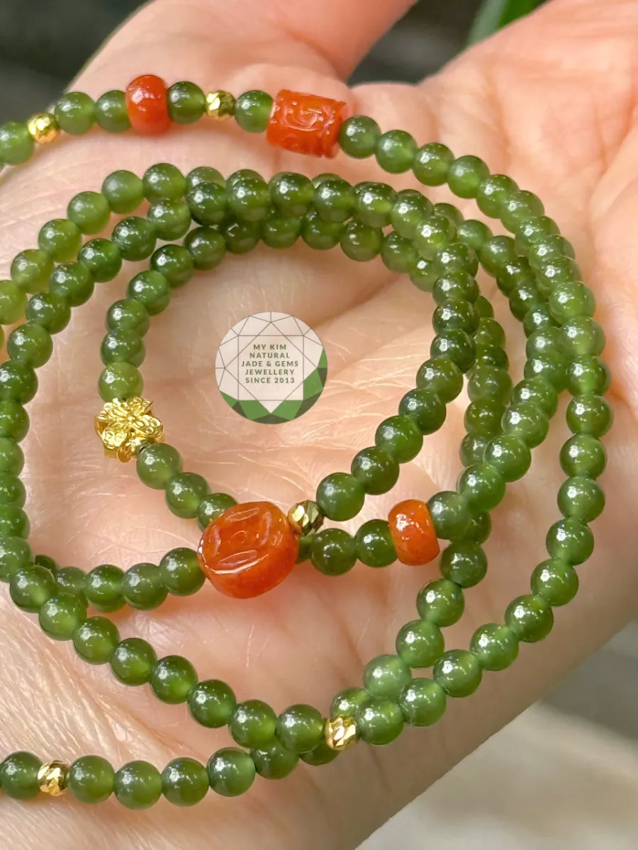 Chuỗi Vòng Ngọc Bích Nephrite mix Jadeite Cam Bốn Lá - Charm Vàng 10k