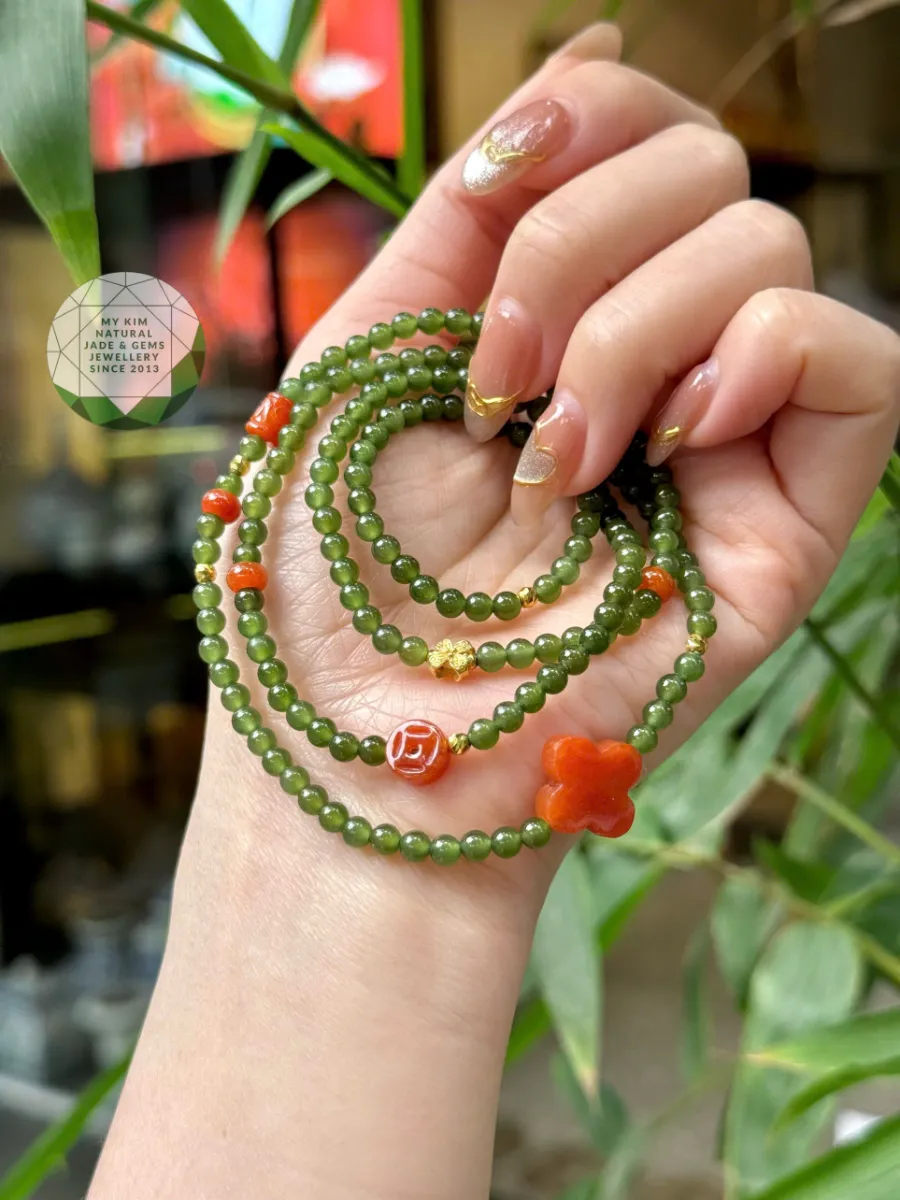 Chuỗi Vòng Ngọc Bích Nephrite mix Jadeite Cam Bốn Lá - Charm Vàng 10k