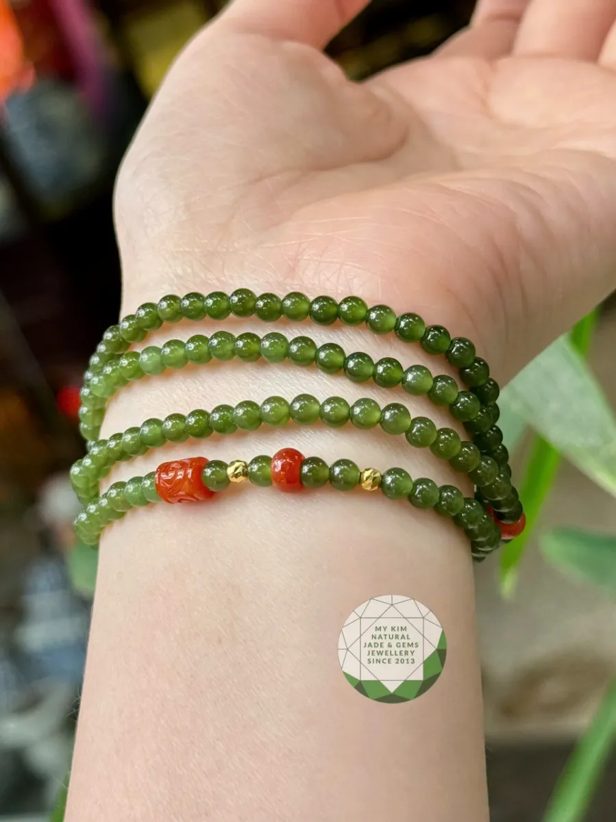Chuỗi Vòng Ngọc Bích Nephrite mix Jadeite Cam Bốn Lá - Charm Vàng 10k
