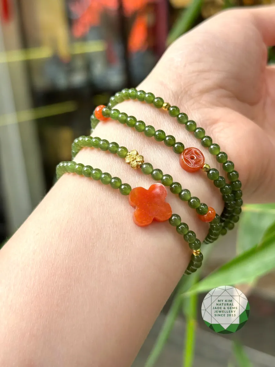 Chuỗi Vòng Ngọc Bích Nephrite mix Jadeite Cam Bốn Lá - Charm Vàng 10k