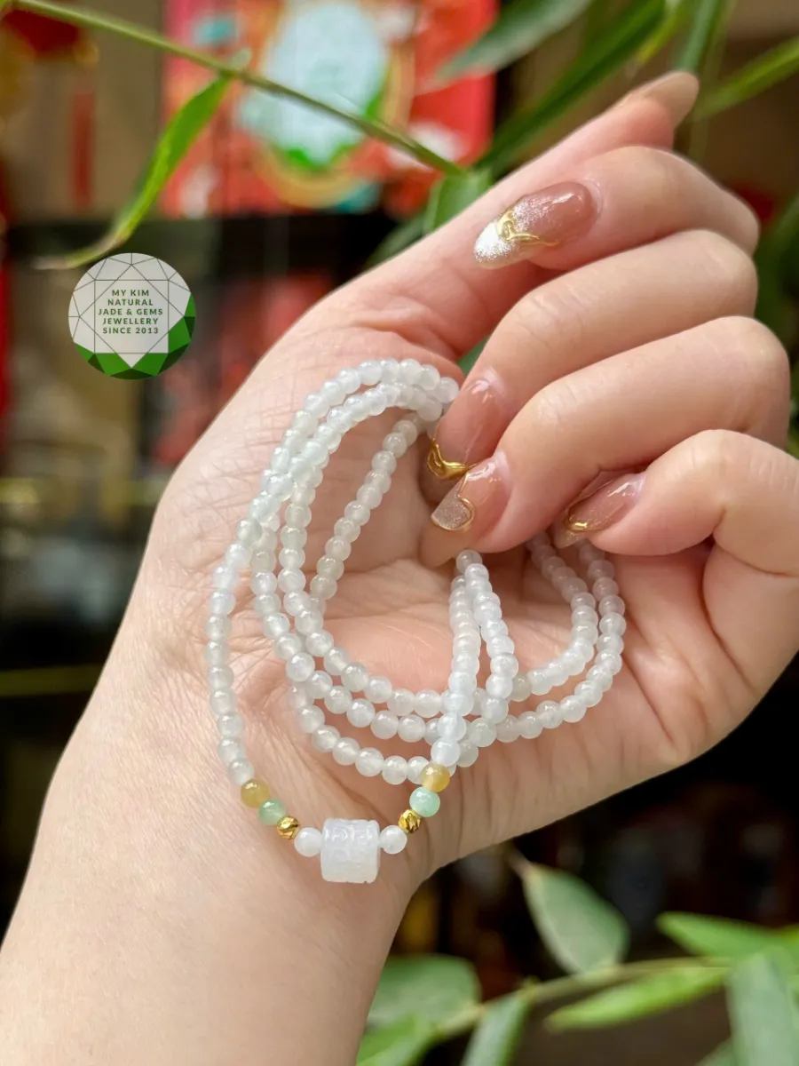 ✨ Vòng Băng Ngọc Phỉ Thúy Trắng – Mix Lu Thống và Vàng 10K