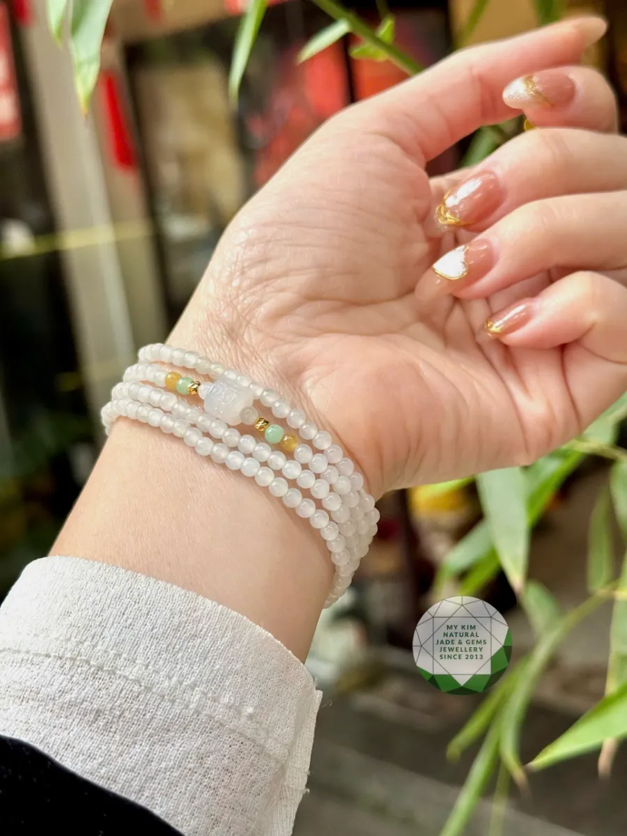 ✨ Vòng Băng Ngọc Phỉ Thúy Trắng – Mix Lu Thống và Vàng 10K