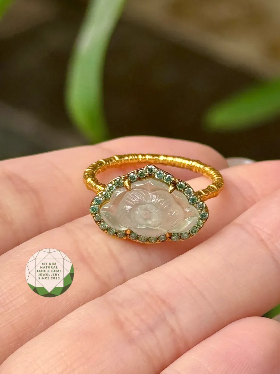Nhẫn Hoa Sen Băng Ngọc Phỉ Thúy - Jadeite vip - Kim Mois Vàng 14k