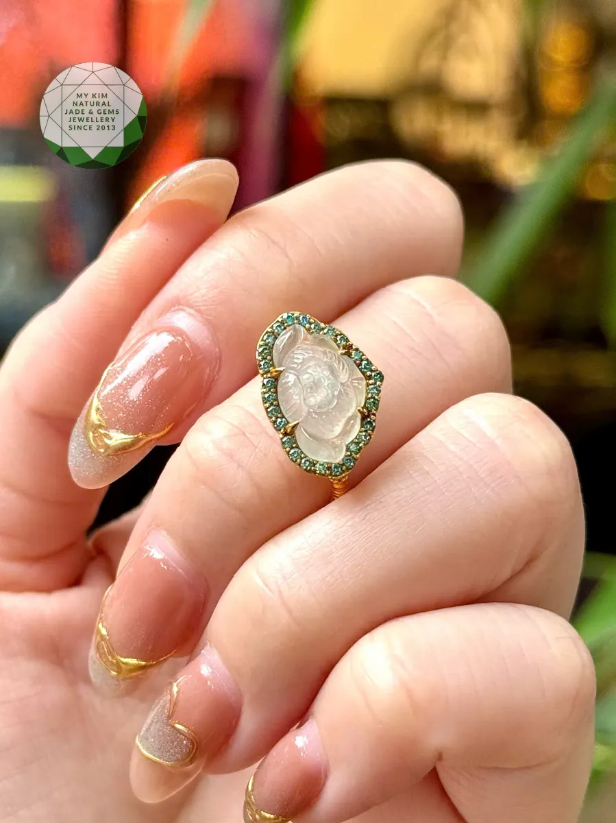 Nhẫn Hoa Sen Băng Ngọc Phỉ Thúy - Jadeite vip - Kim Mois Vàng 14k