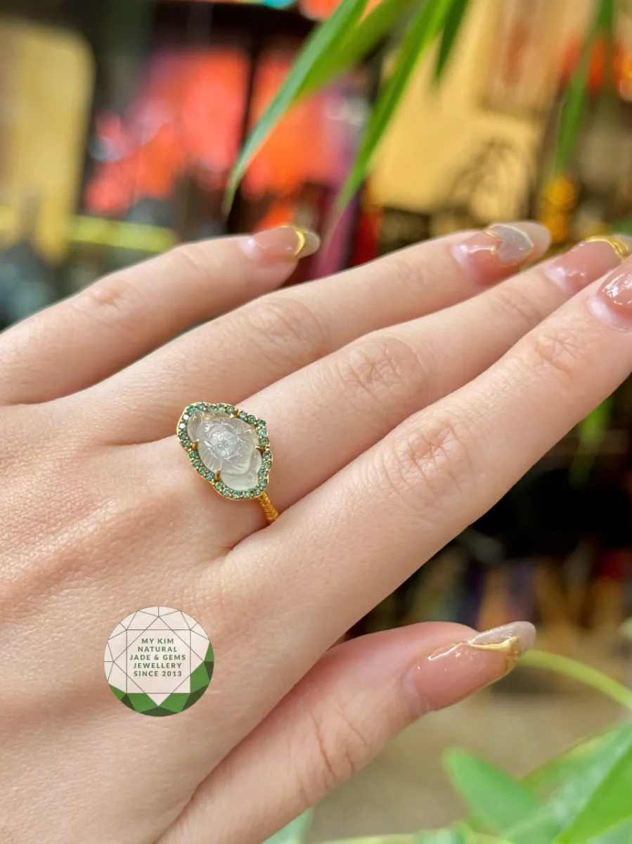Nhẫn Hoa Sen Băng Ngọc Phỉ Thúy - Jadeite vip - Kim Mois Vàng 14k