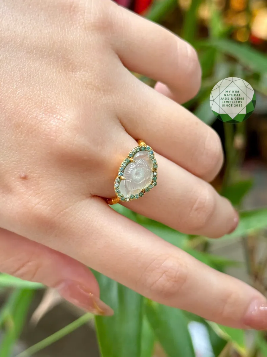 Nhẫn Hoa Sen Băng Ngọc Phỉ Thúy - Jadeite vip - Kim Mois Vàng 14k