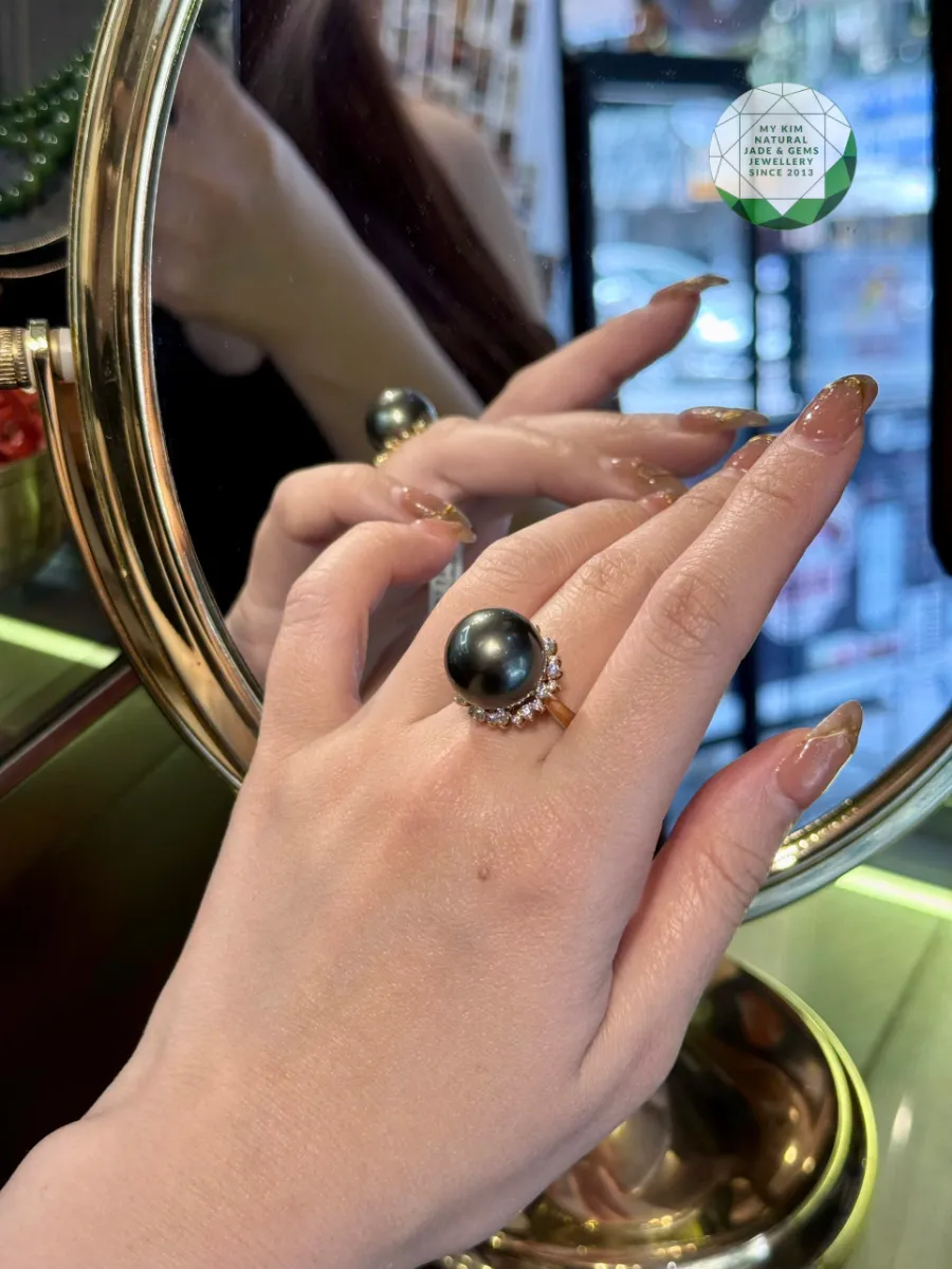 Nhẫn Ngọc Trai Đen Nước Mặn - Vàng 14k đính Moissanite