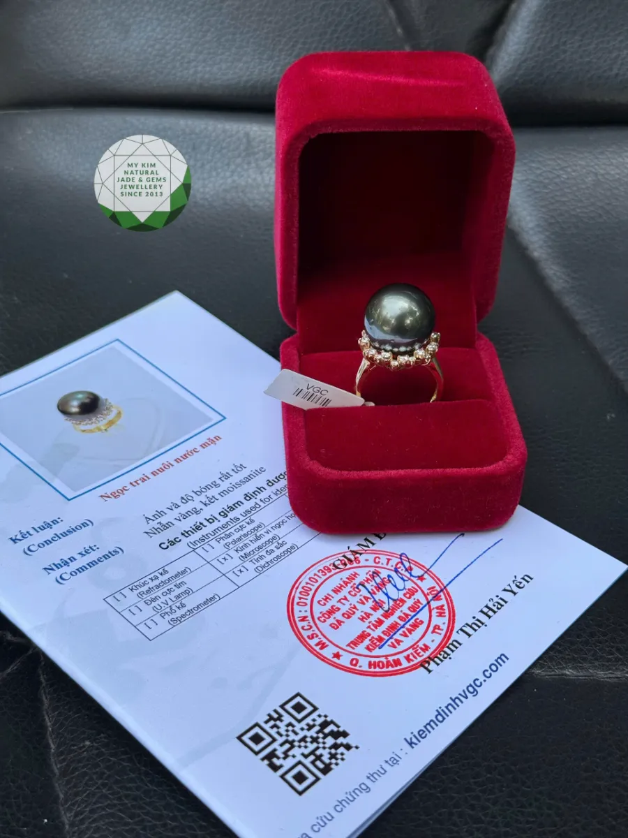 Nhẫn Ngọc Trai Đen Nước Mặn - Vàng 14k đính Moissanite