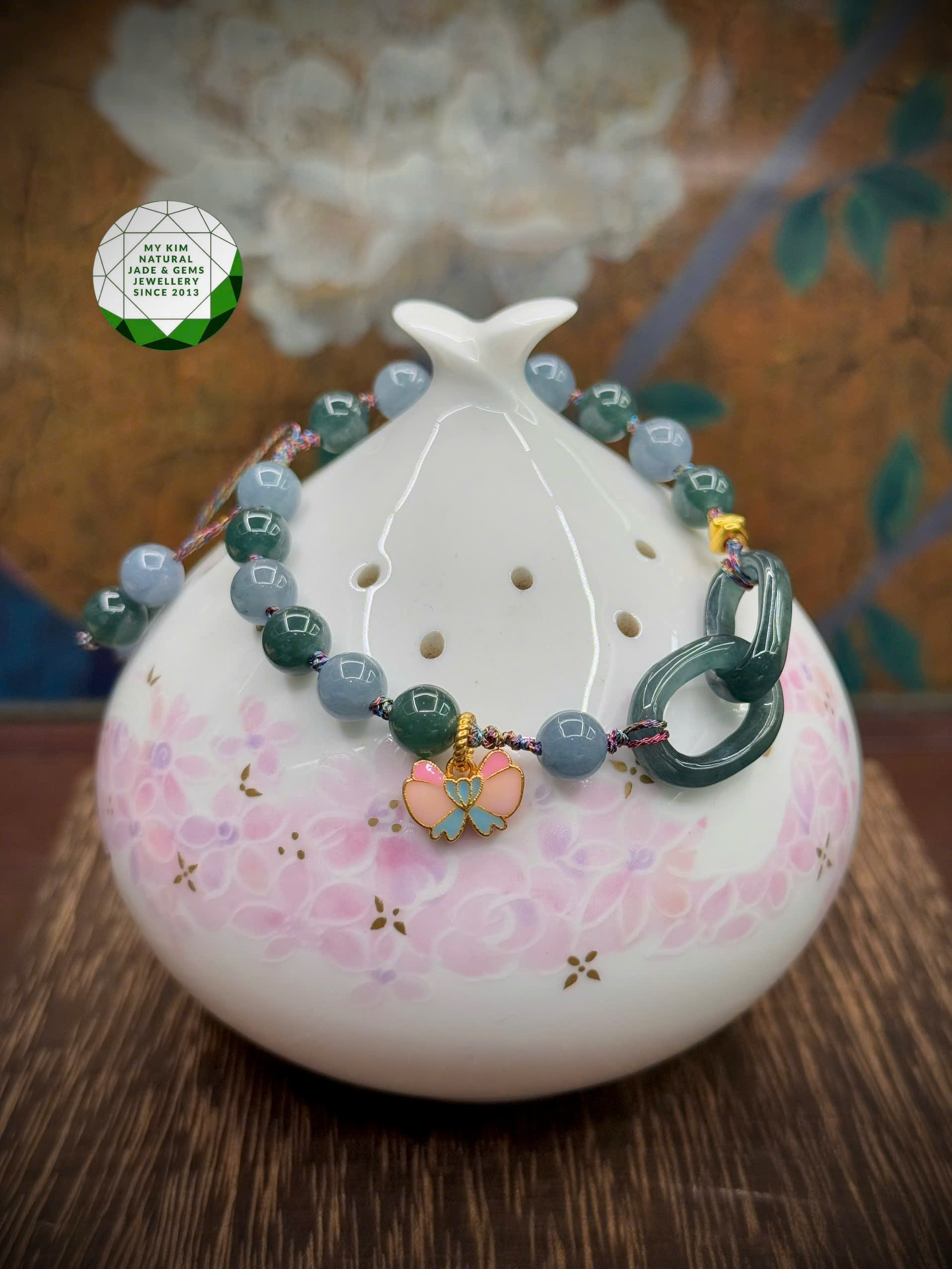 🌿 Vòng Dây Tết Lam Ngọc Phỉ Thúy Jadeite mix Charm Ngọc Vô Cực & Charm Vàng Hồ Điệp
