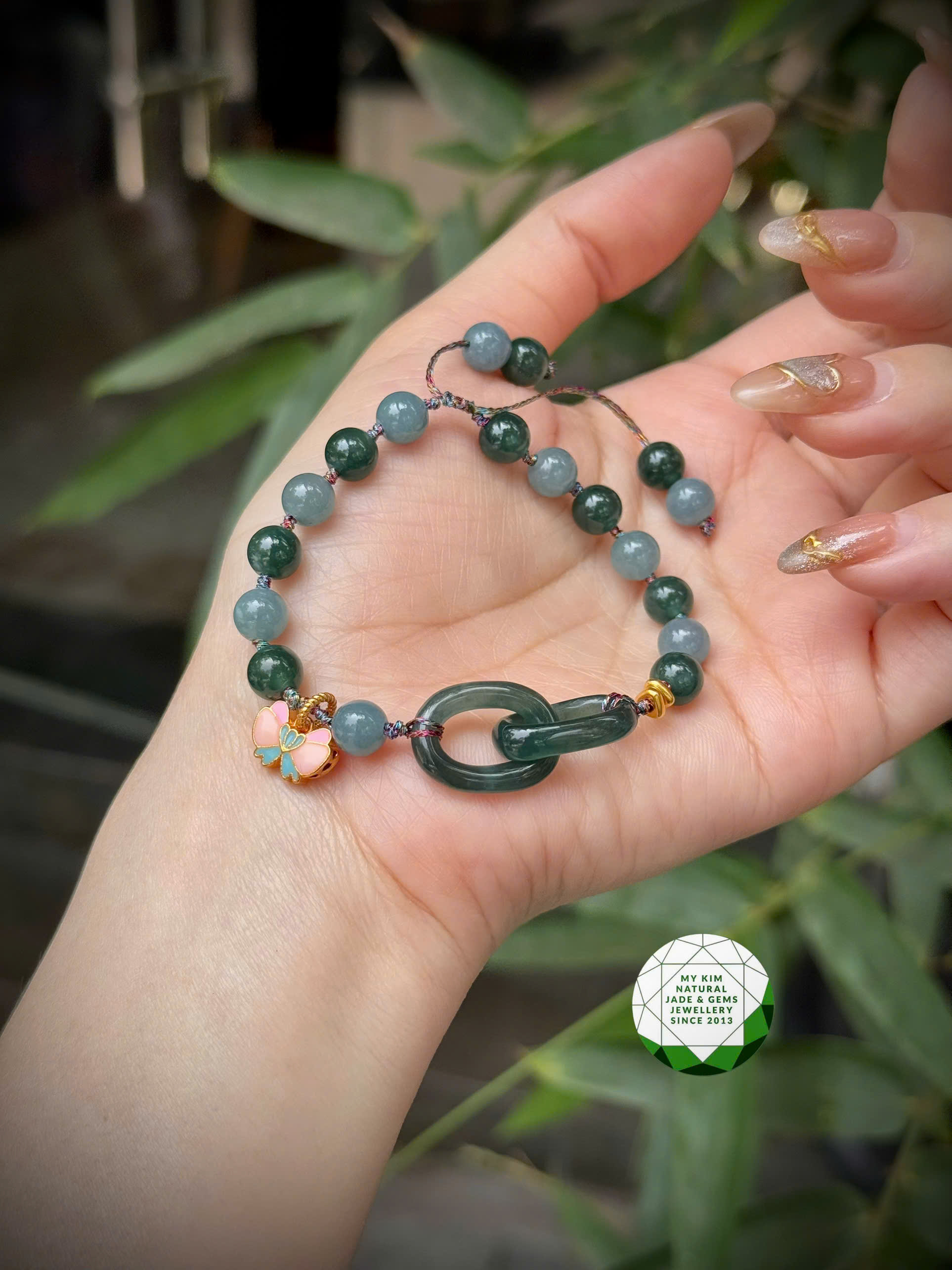 Vòng Dây tết Lam Ngọc Phỉ Thúy - Jadeite mix Charm Vàng 2.4k