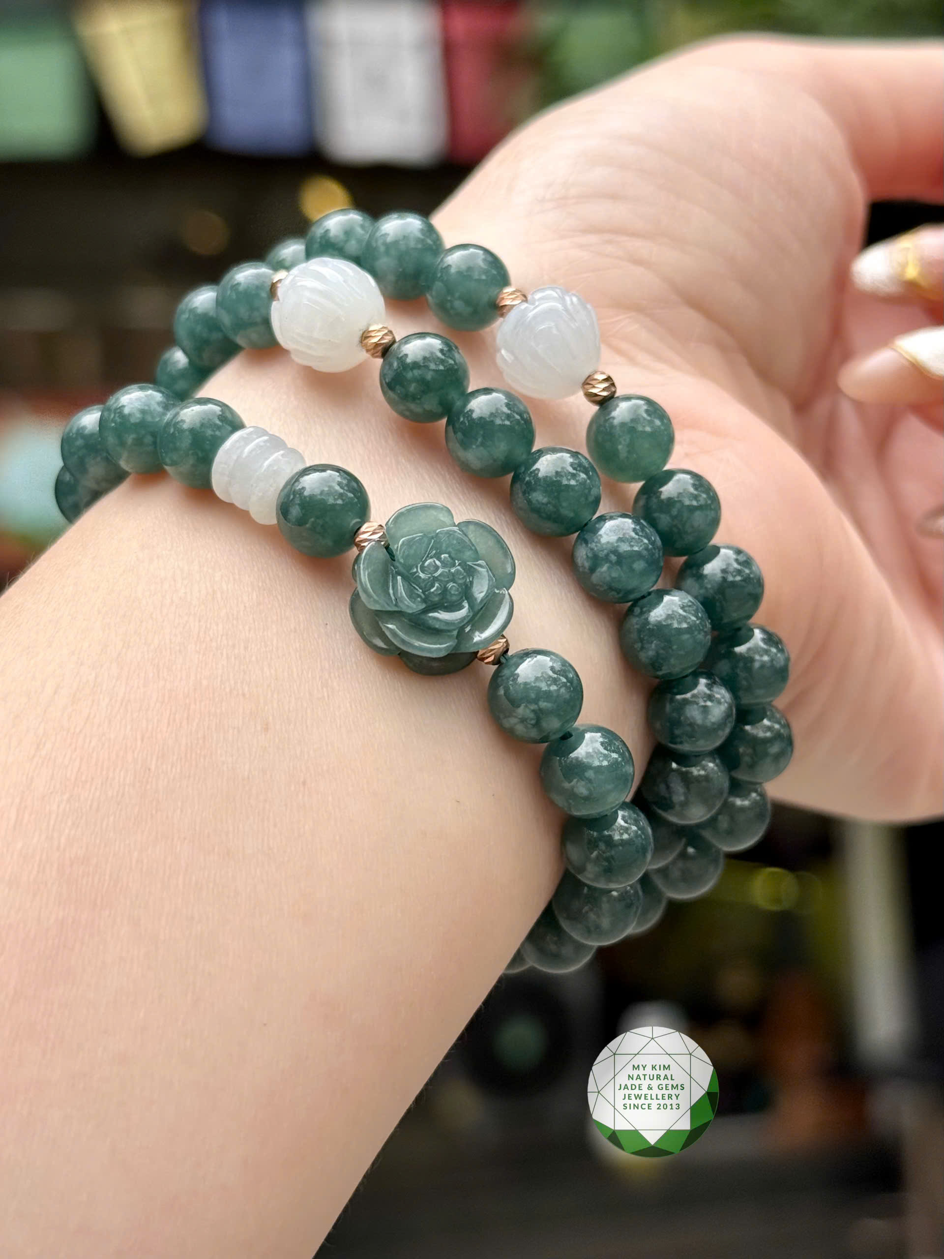 💎 Vòng Tay Lam Ngọc Phỉ Thúy Mix Charm Hoa Hồng – Hoa Sen Băng Ngọc – Bi Vàng Hồng 18k | Trang Sức Thiết Kế Tinh Tế, Giới Hạn