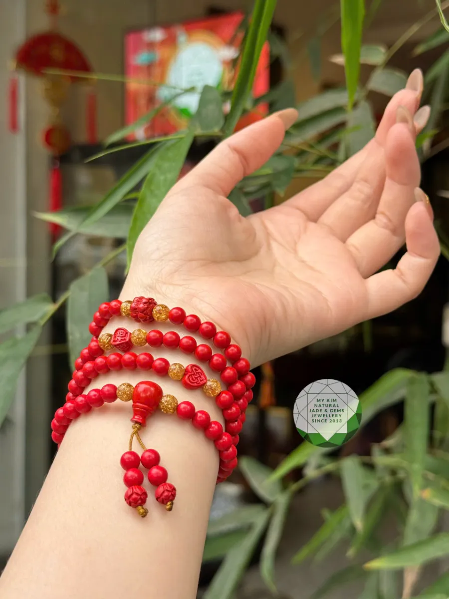 Vòng Tay Chusa 4 Vòng Quấn – Charm Hoa Sen, Trái Tim, Đèn Lồng – Phối Đá Cám Vàng & Dây Rua Mềm