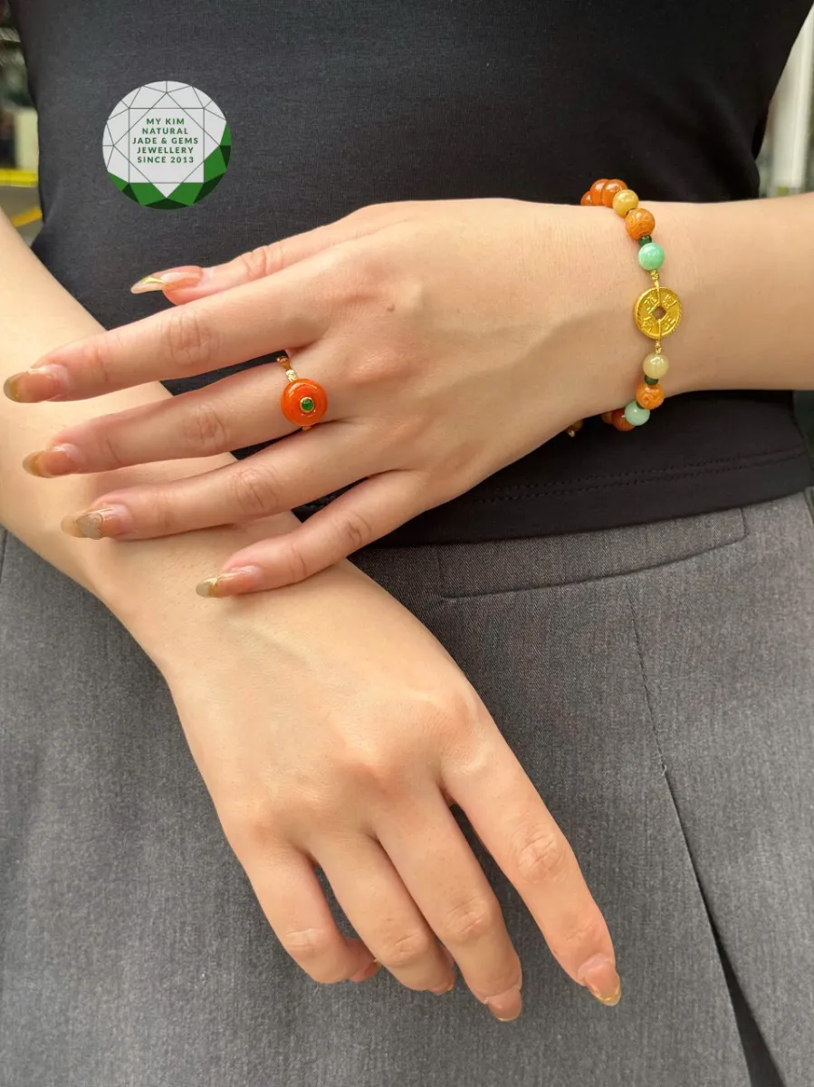 💍 Set Trang Sức Đồng Điếu Ngọc Phỉ Thúy Cam Hoàng Huyết – Đỏ Cam & Xanh Hoàng Đế | Vàng 14k–18k